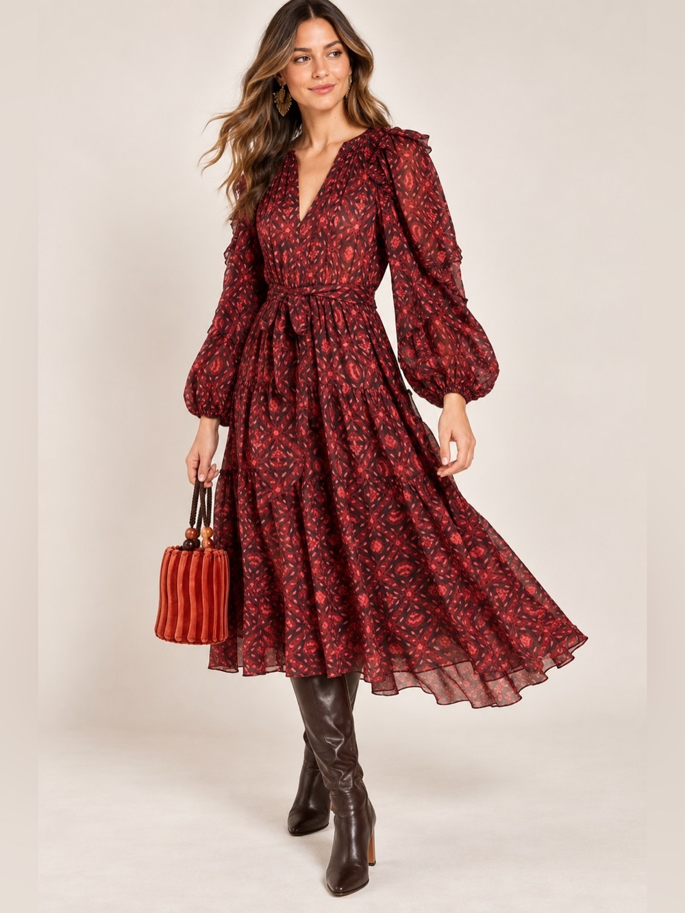 Ulla Johnson Aliya V-Neck Ruffle Long Sleeve 100% Silk Geometric Midi Dress SZ 8